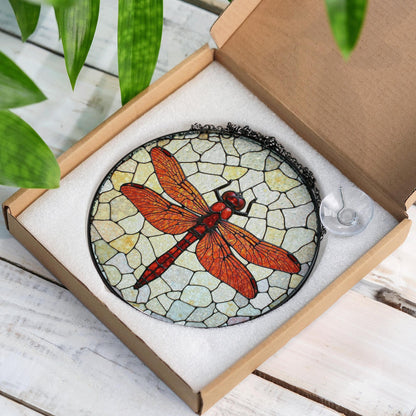 Red dragonfly stained glass window suncatcher nature decor for mom dad or garden lovers