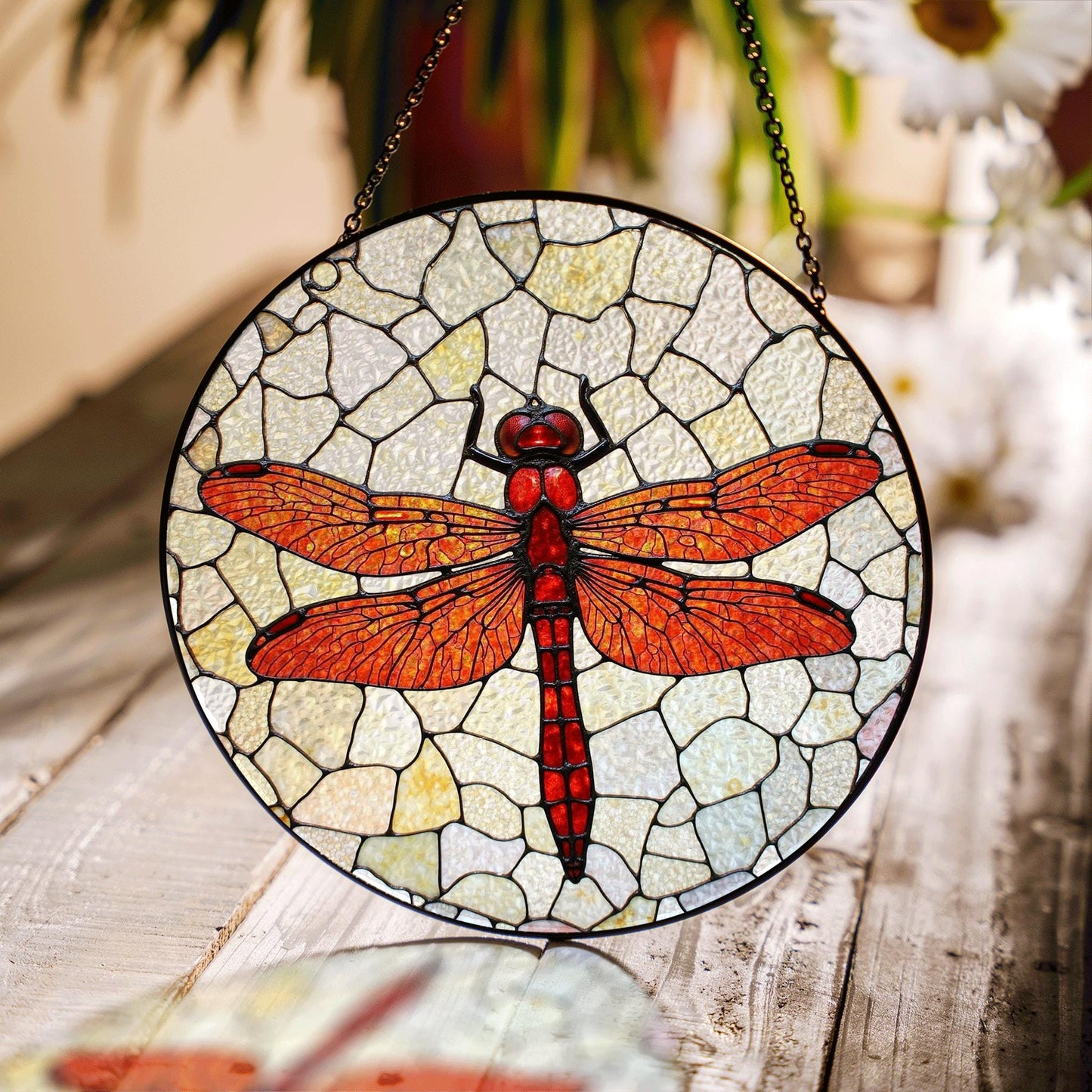 Red dragonfly stained glass window suncatcher nature decor for mom dad or garden lovers