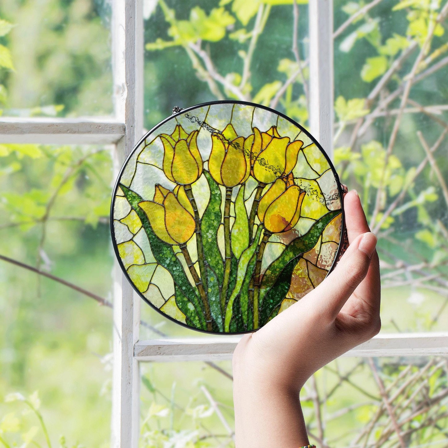 Yellow Tulip Bloom Stained Glass Window Decor Garden Sun Catcher Gift for Mom