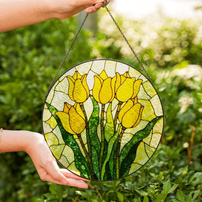 Yellow Tulip Bloom Stained Glass Window Decor Garden Sun Catcher Gift for Mom