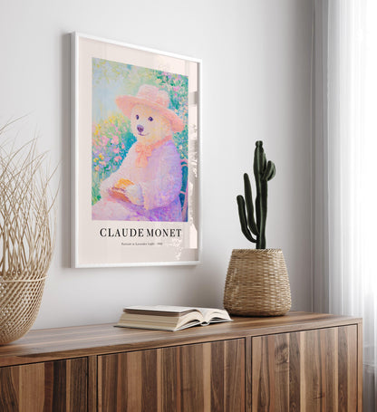 French Coquette Bear Art Print: Monet Style Floral Wall Decor