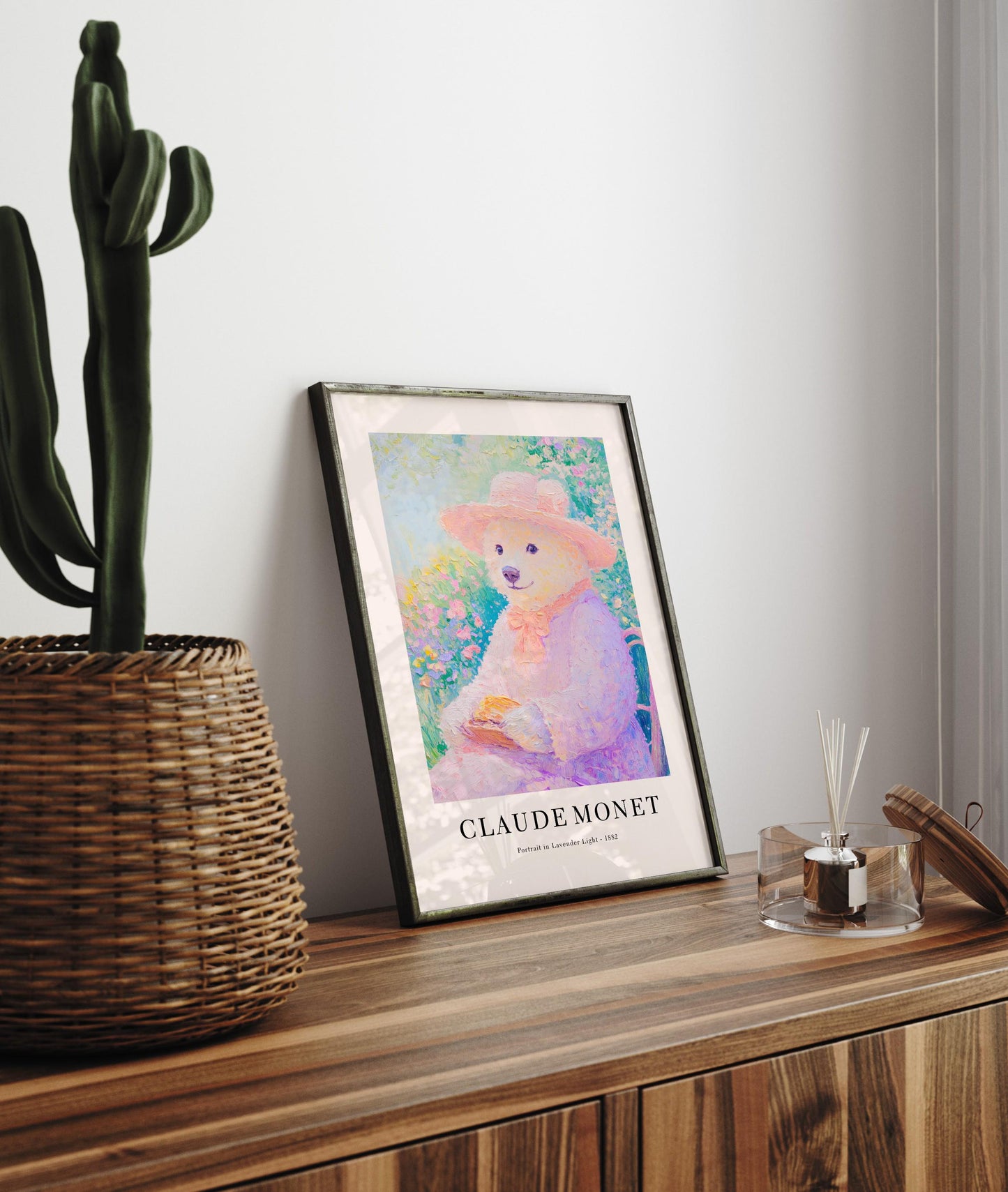 French Coquette Bear Art Print: Monet Style Floral Wall Decor