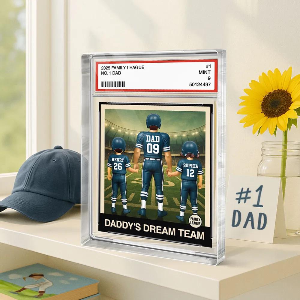 Personalized Acrylic Block Plaque Football No.1 Dad Man & Kids Sitting Trading Card Style | Football Player | Football Lover for Dad Grandpa