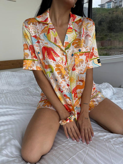 Colorful Satin Pajama Set with Summer-Inspired Tropical Print – Short Sleeve Button Up & Shorts for Cozy Lounge Days , Summer Pajama Set