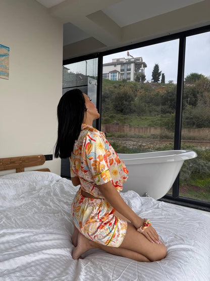 Colorful Satin Pajama Set with Summer-Inspired Tropical Print – Short Sleeve Button Up & Shorts for Cozy Lounge Days , Summer Pajama Set