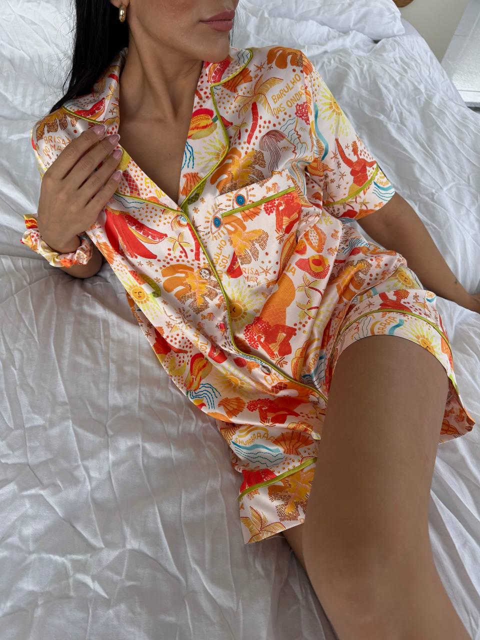 Colorful Satin Pajama Set with Summer-Inspired Tropical Print – Short Sleeve Button Up & Shorts for Cozy Lounge Days , Summer Pajama Set