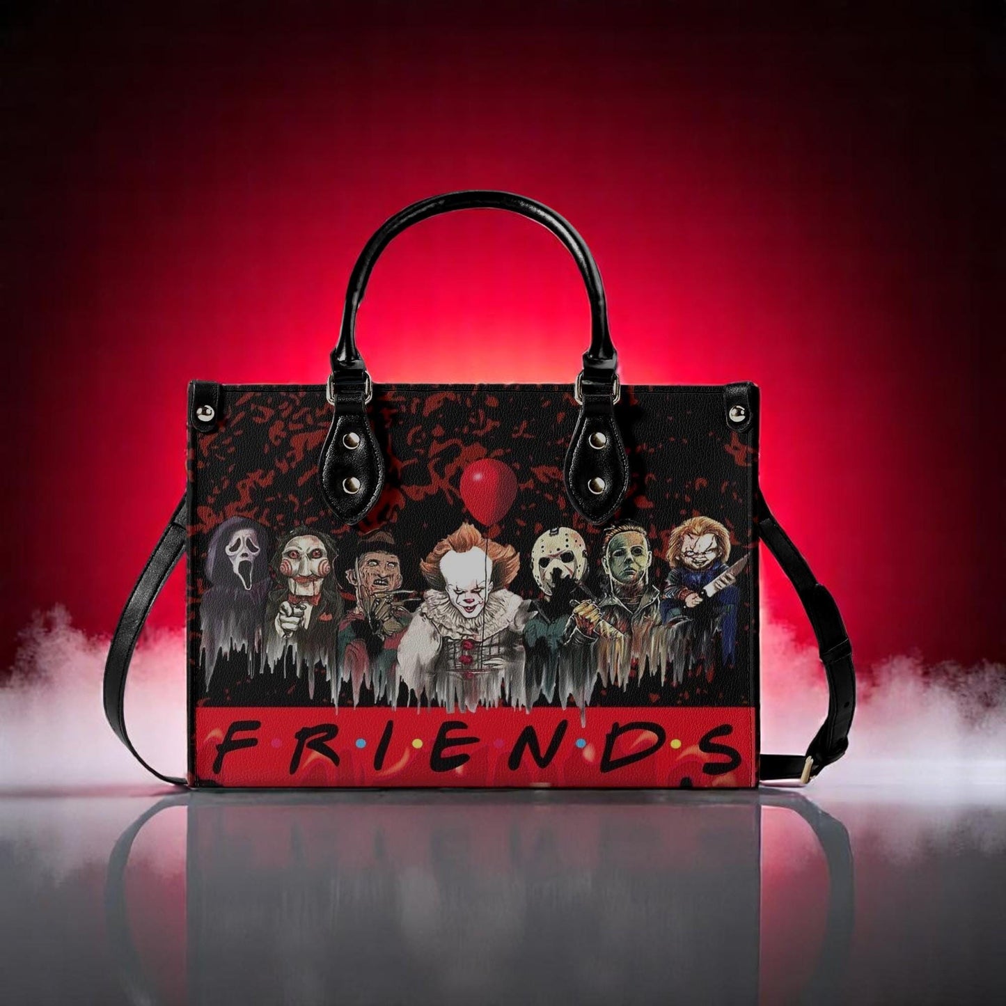 Psycho Friends Tote Handbag. Horror Handbag, Waterproof PU Leather Tote, Top Handle Vegan Leather, Crossbody, Shoulder bag.