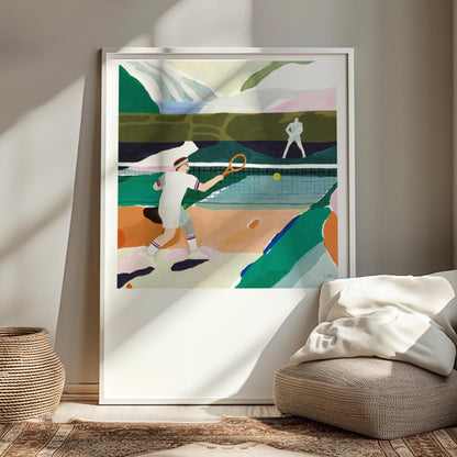 Tennis Watercolor Print: Minimalist Mid-Century Modern Wall Art