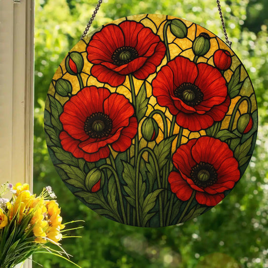 Red Poppies: Stained Glass Style Window Hanging