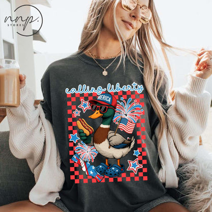 Comfort Colors® Duck hunting 4th July Calling Liberty shirt, 4th Of July Shirt, Patriotic Shirt, Funny Duck Shirt, Independence Day Tee