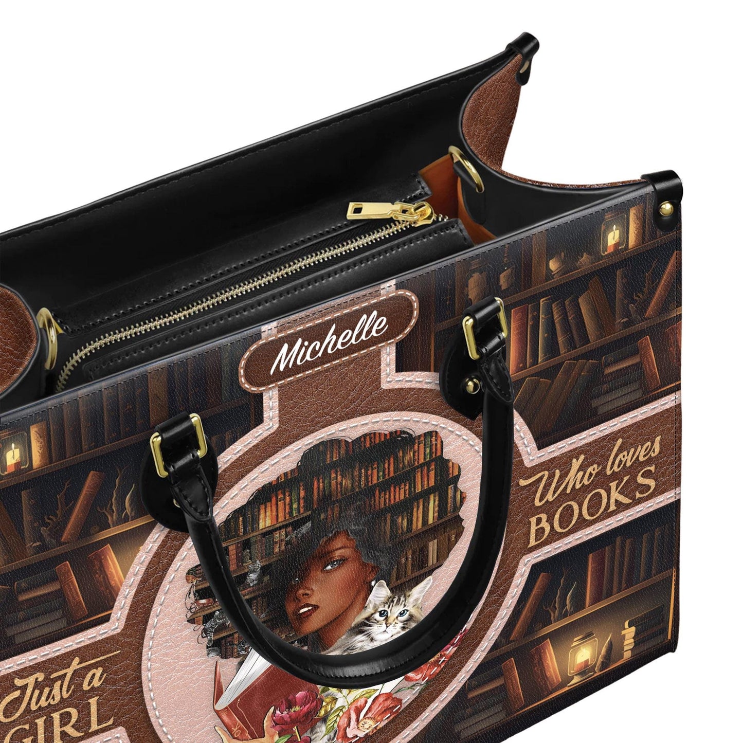 Custom Afro Girl Leather Handbag, Personalized Book Lover Purse with Cat and Flowers, Gift for Women Who Love Reading