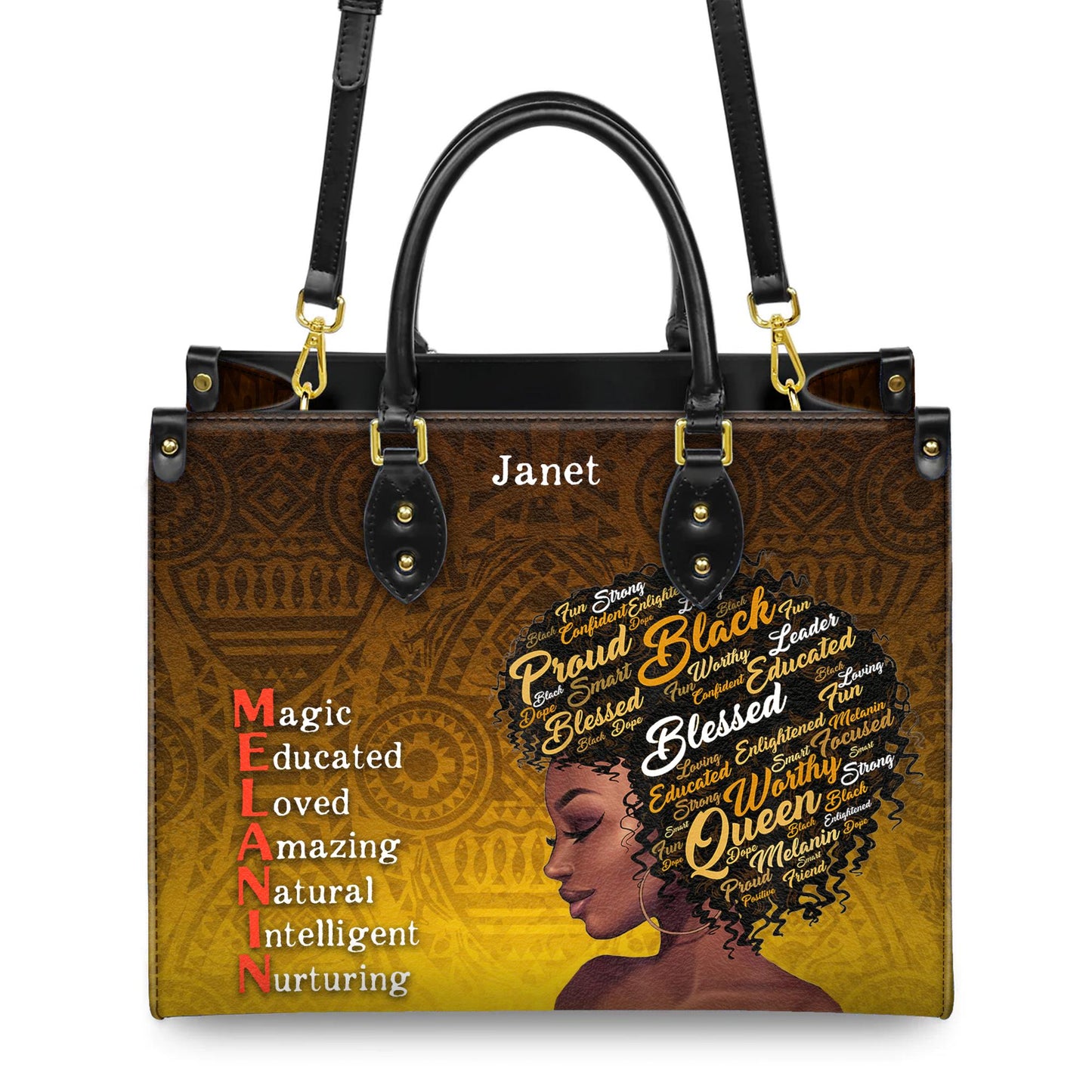 Empowering Melanin Queen Handbag with Afro Word Art | Personalized Custom Name Handbag for Women