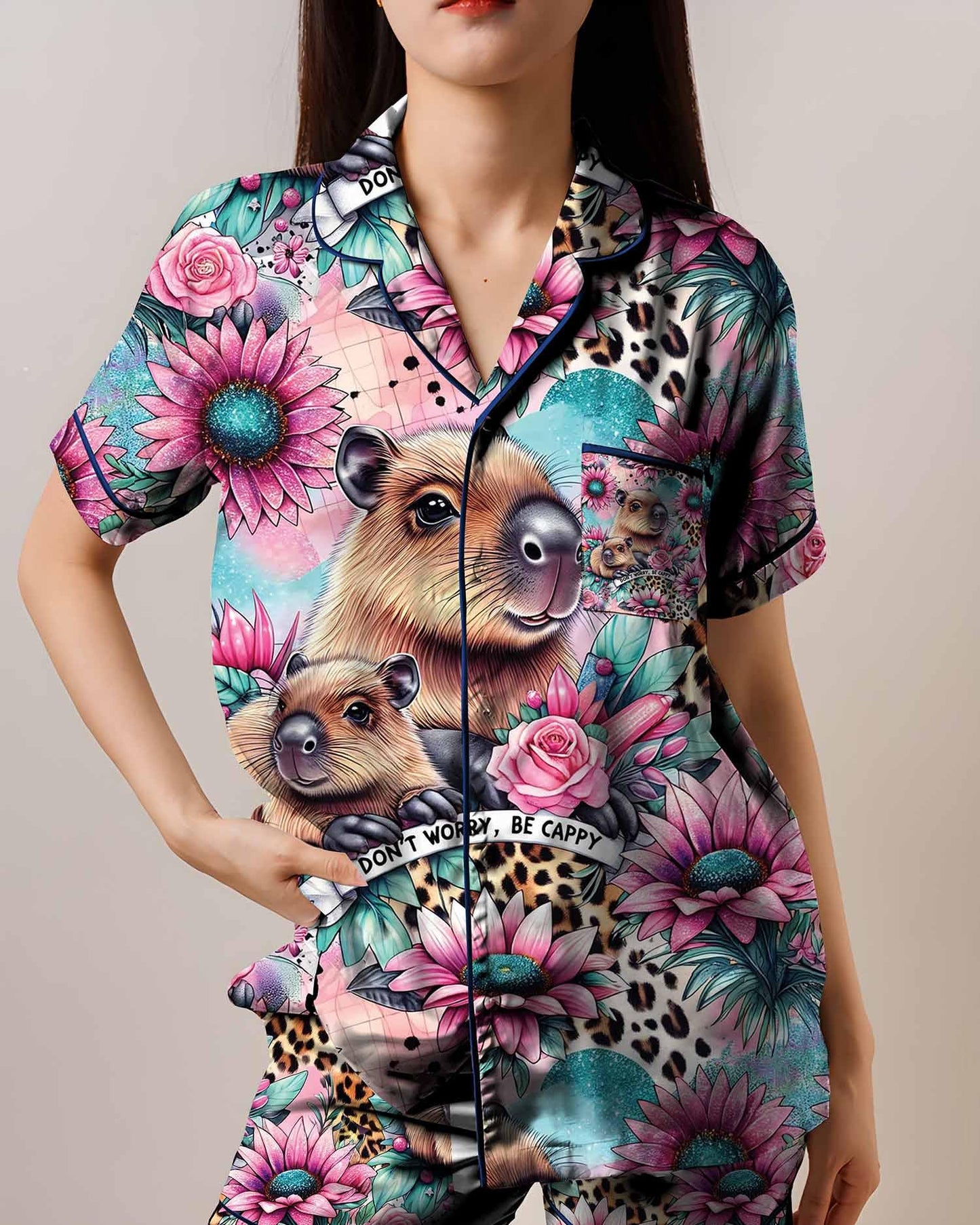 Cute Floral Capybara Satin Pajamas Set, AOP Short Sleeve Sleepwear for Women, Funny Animal Loungewear Gift