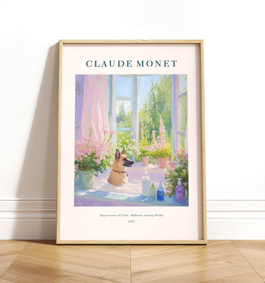 Belgian Malinois Dog in Bathtub Art Print: Monet Style Bathroom Poster
