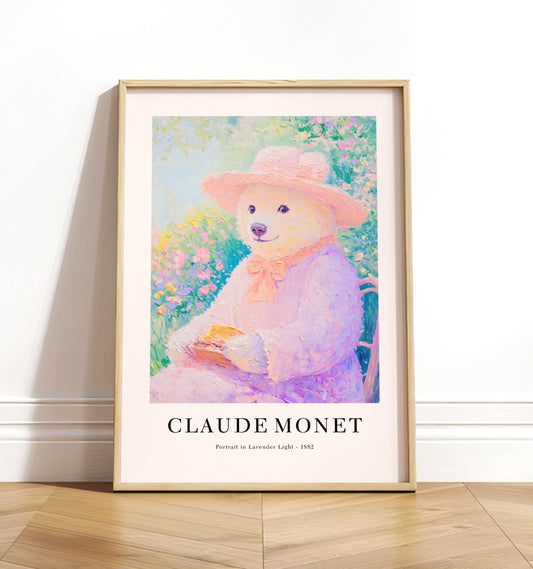 French Coquette Bear Art Print: Monet Style Floral Wall Decor