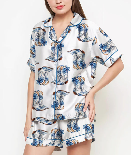 Cowboy Boots Coquette Pajamas Satin Set, Western Girl Shirt,Mother's Day Gift, Birthday Gift, Pjs For Women, Bridesmaid Gifts, Cowgirl Shirt