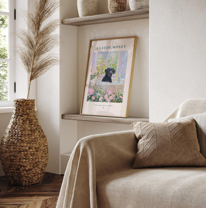 Black Lab in French Bathroom Art Print: Monet Style Dog Poster
