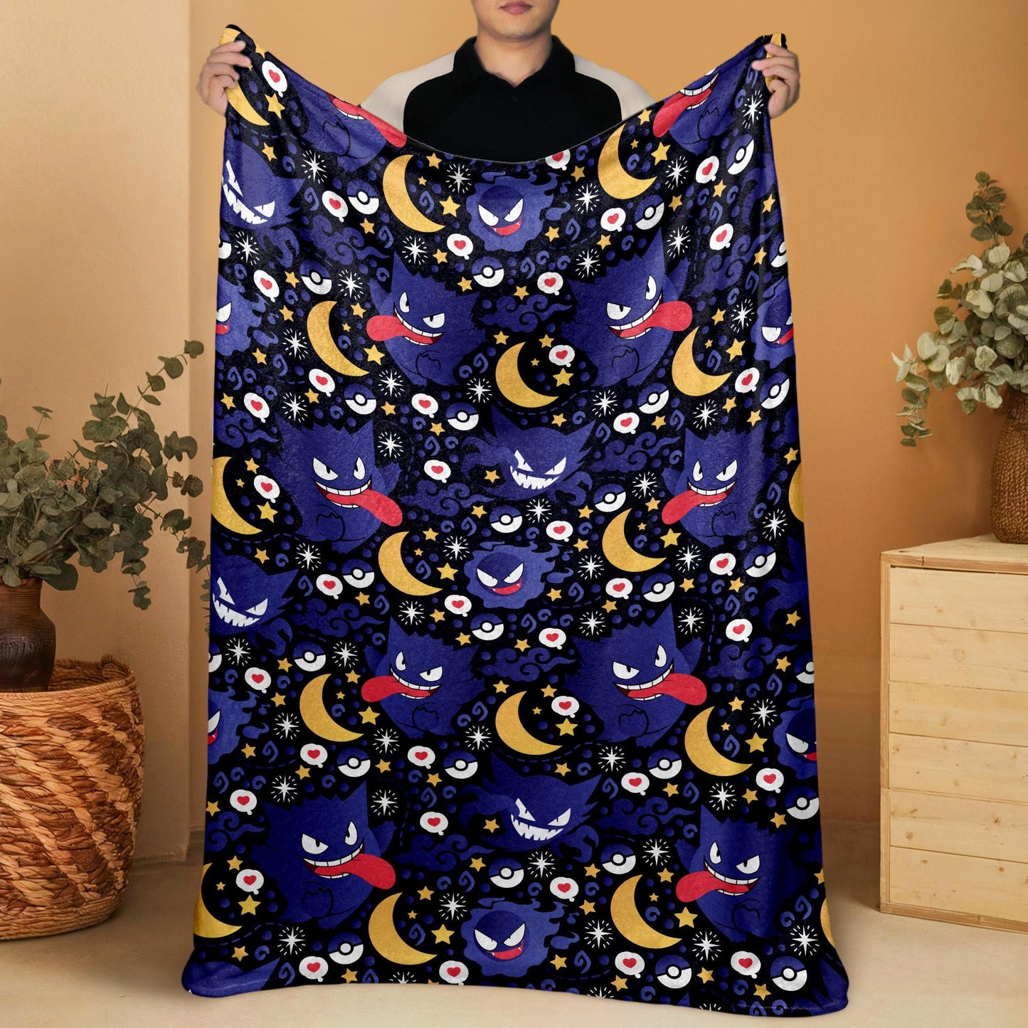 Gengar Fleece Blanket, Cute Purple Moon Throw Blanket, Tropical Home Decor Blanket,  Gengar Blanket Gifts