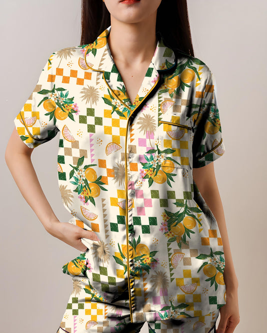 Summer Vacation Fruit Pajama Set, AOP Satin Short Sleeve Sleepwear for Women, Cute Tropical Loungewear Gift