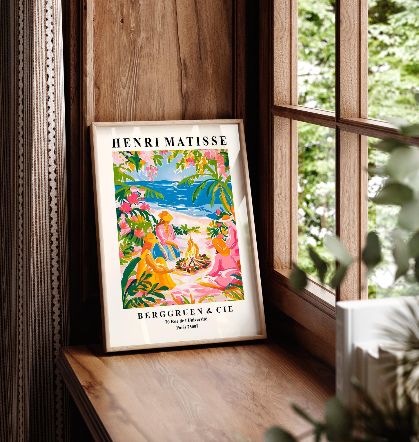 Pink tropical witchy art, Women by the campfire, Colonial Beach house decor, Dopamine Matisse art