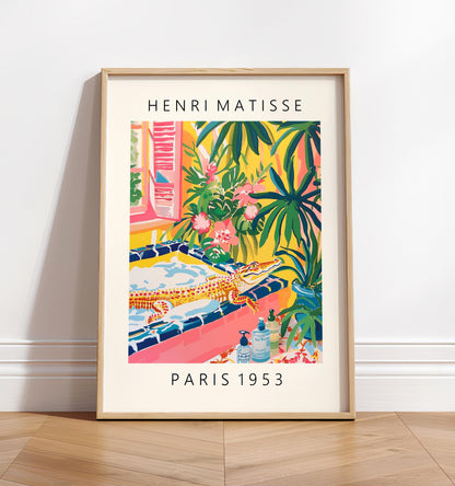 Crocodile in Bathtub Print: Funny Pink Bathroom Wall Art