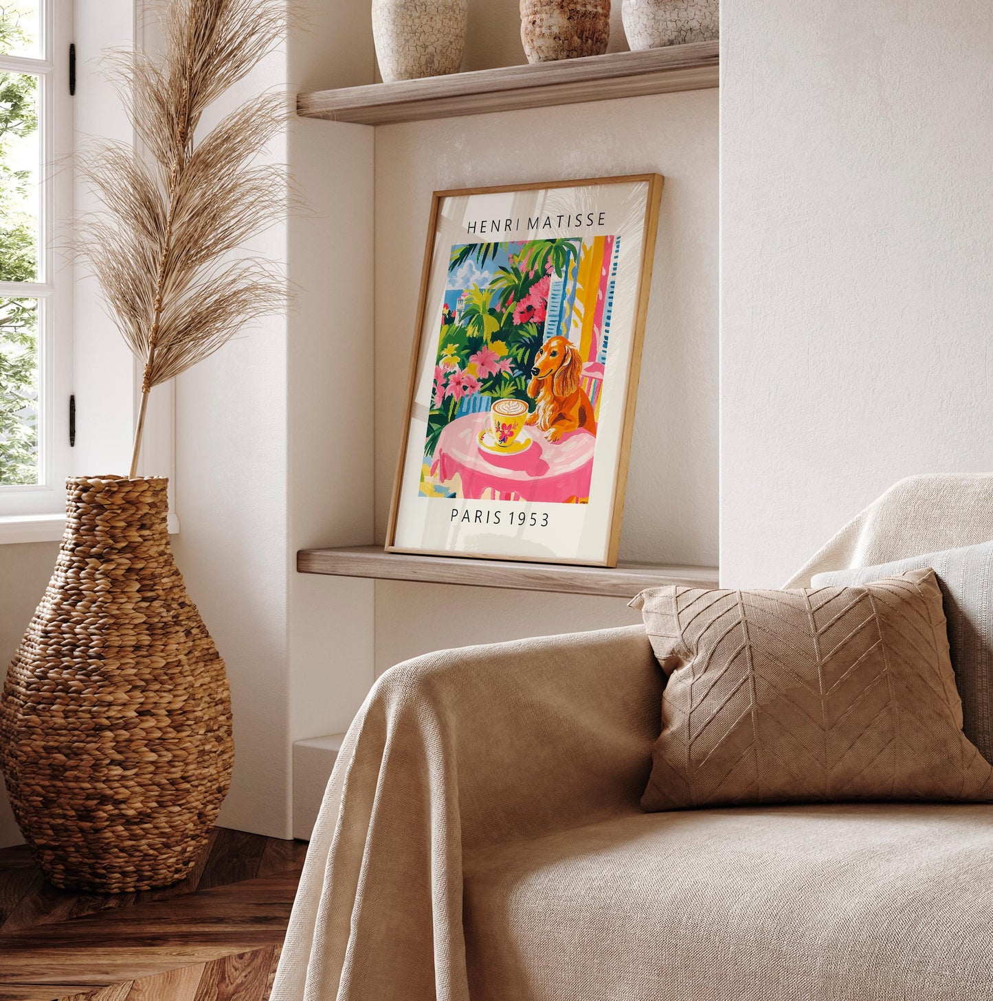 Dachshund Coffee Print: Matisse Style Pink Kitchen Cafe Art