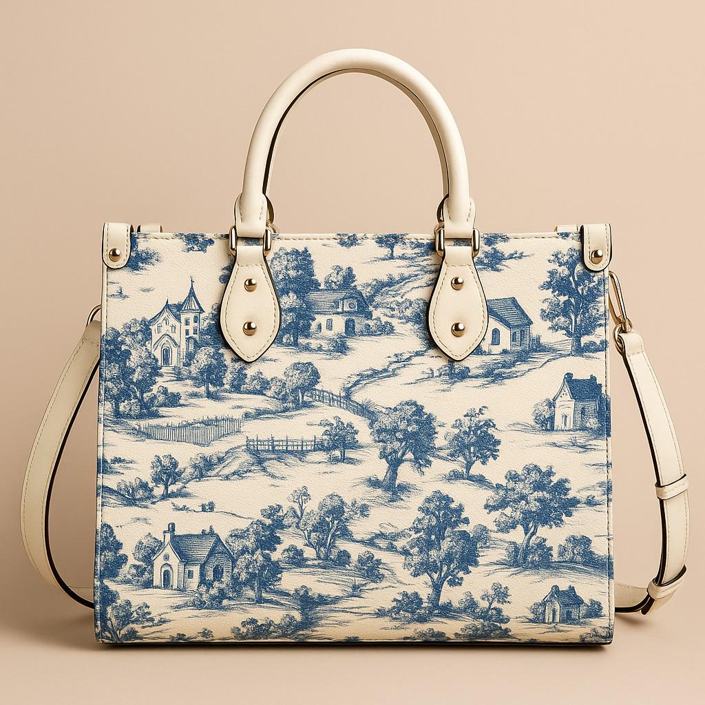 Toile-de-jouy Vintage-Inspired Handbag. Square Tote Bag, Waterproof PU Leather Tote, Top Handle Vegan Leather, Crossbody, Shoulder bag,
