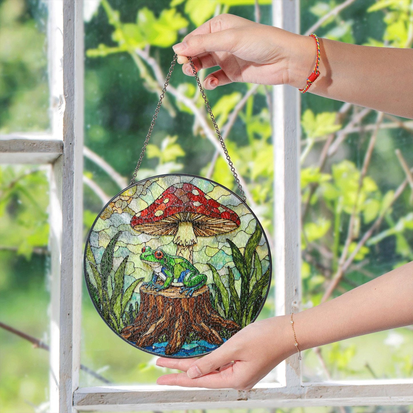 Frog on stump under red mushroom stained glass suncatcher forest animal decor gift for nature lover