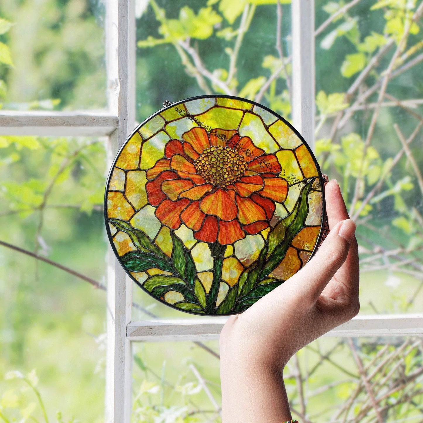 Orange flower stained glass round panel vibrant suncatcher art gift for plant lovers window decor gift for mom