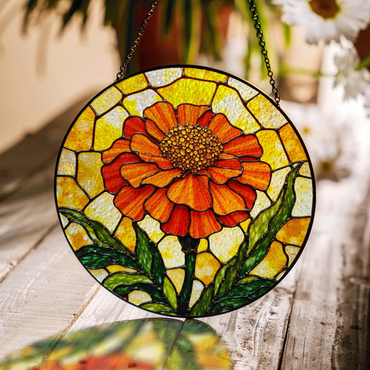 Orange flower stained glass round panel vibrant suncatcher art gift for plant lovers window decor gift for mom