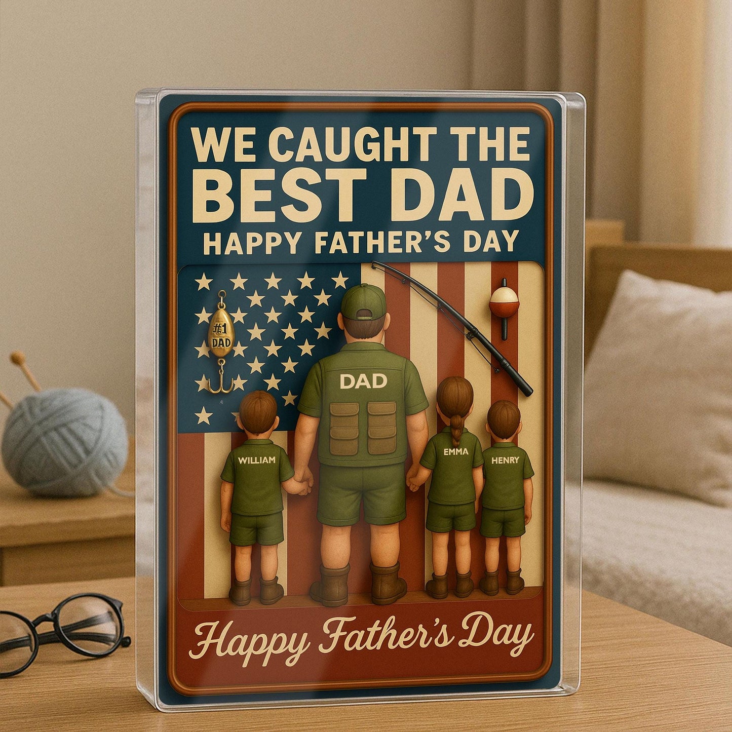 I Caught The Best Dad, Fishing Action Figure Personalized Acrylic Block Plaque, Father's Day Gift for Dad, Custom Kids Name Decor For Dad