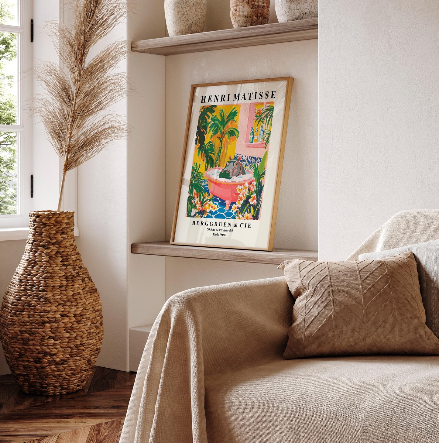 Hippo in Bathtub Poster: Funny Bathroom Print, Matisse Style