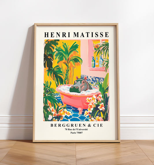 Hippo in Bathtub Poster: Funny Bathroom Print, Matisse Style