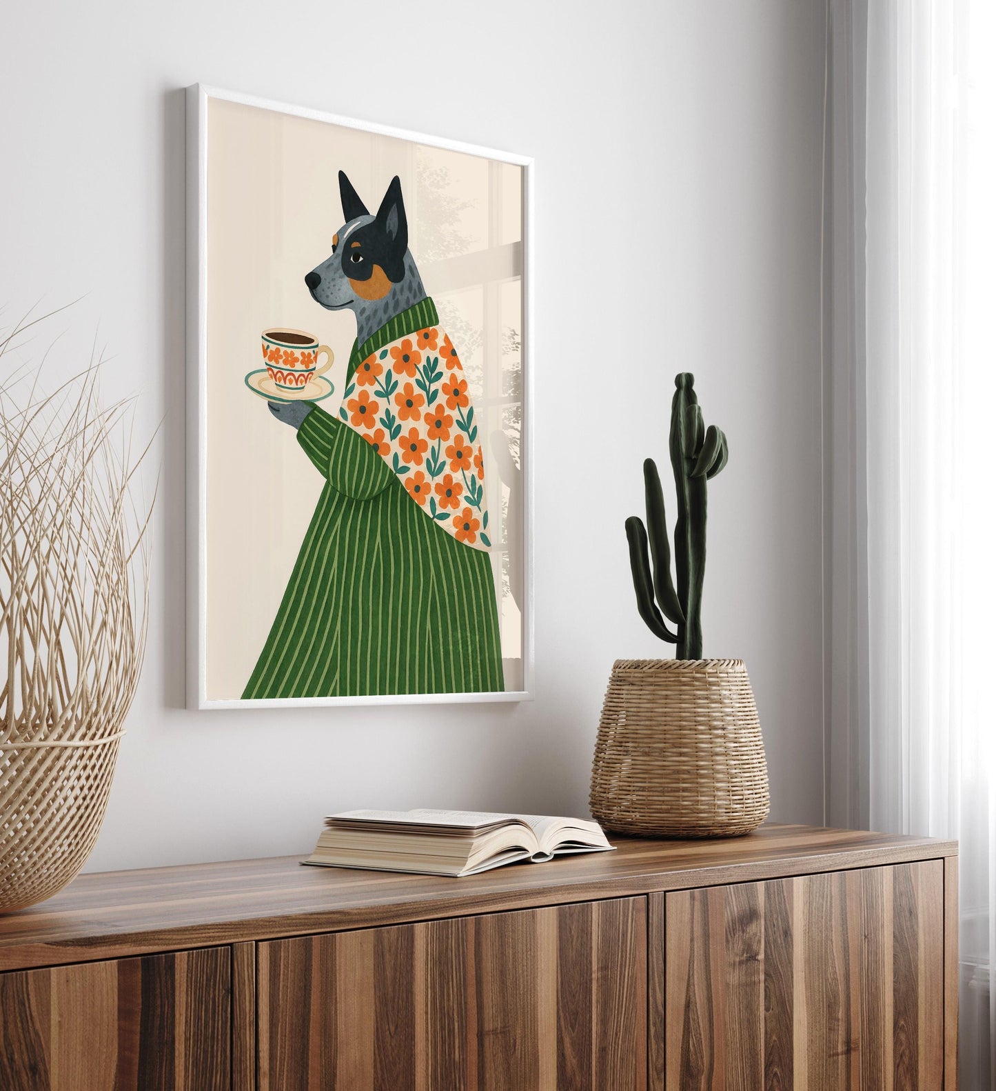 Australian Cattle Dog print, Dog with coffee, Coffee poster, Espresso art print, Floral pattern wall art, Beige neutral aesthetic poster