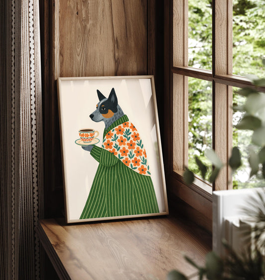 Australian Cattle Dog print, Dog with coffee, Coffee poster, Espresso art print, Floral pattern wall art, Beige neutral aesthetic poster