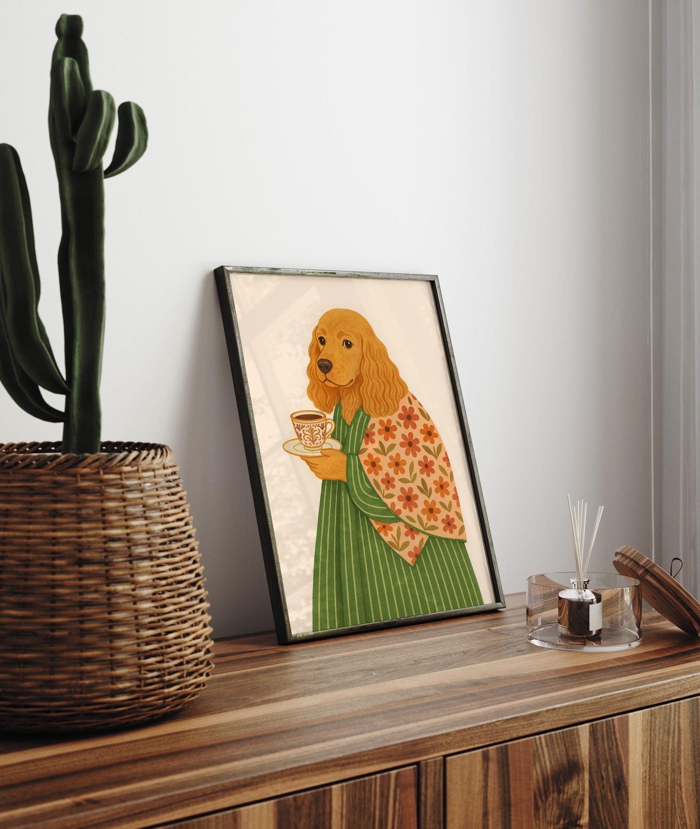 Cocker Spaniel print, Dog with coffee, Coffee wall art, Espresso art print, Floral pattern print, Beige neutral aesthetic poster, Dog art