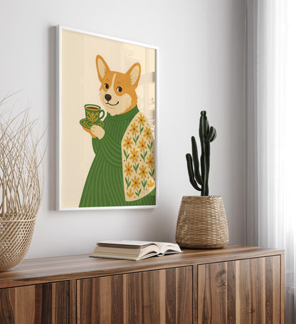 Corgi art print, Dog wall art, Dog with coffee, Coffee print, Espresso art print, Floral pattern print, Beige neutral aesthetic poster