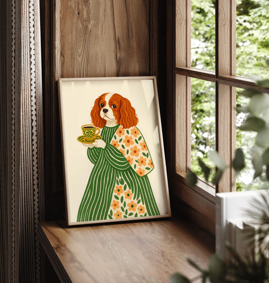 Cavalier King Charles Spaniel Art Print: Dog with Coffee & Flowers