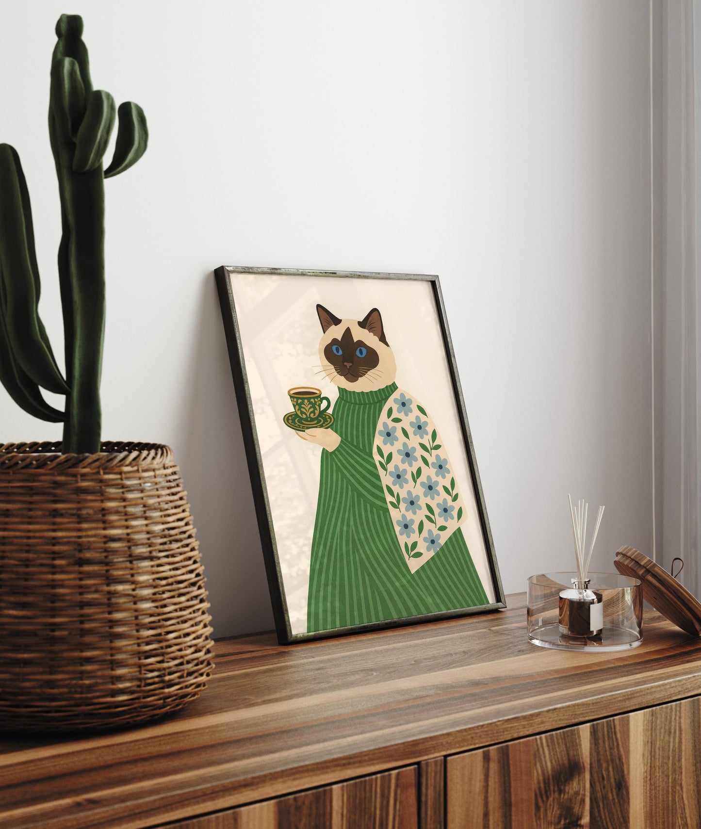 Ragdoll cat print, Coffee print, Espresso art print, Cat wall art, Cat with coffee, Floral print, Aesthetic wall art