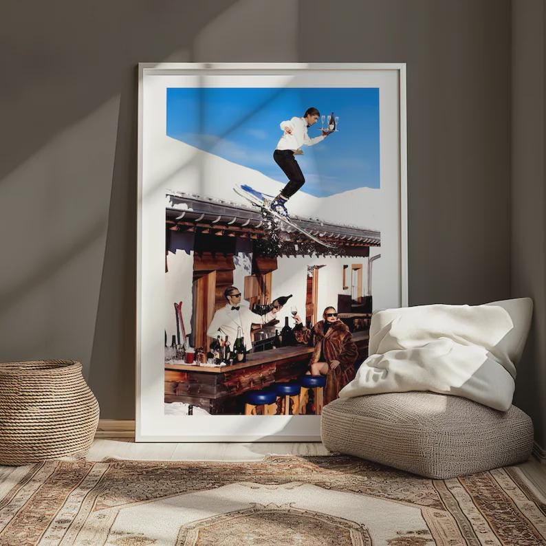 Vintage Skiing Poster: Retro Apres Ski Bar Cart Wall Art