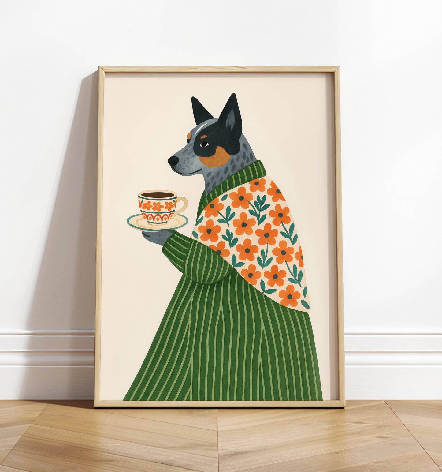 Australian Cattle Dog print, Dog with coffee, Coffee poster, Espresso art print, Floral pattern wall art, Beige neutral aesthetic poster