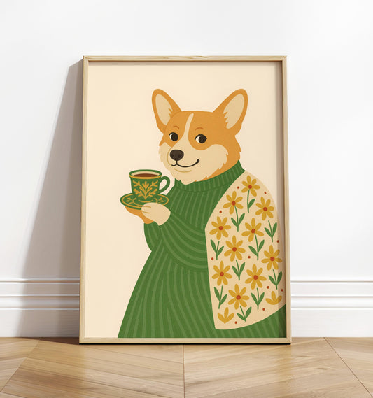 Corgi art print, Dog wall art, Dog with coffee, Coffee print, Espresso art print, Floral pattern print, Beige neutral aesthetic poster