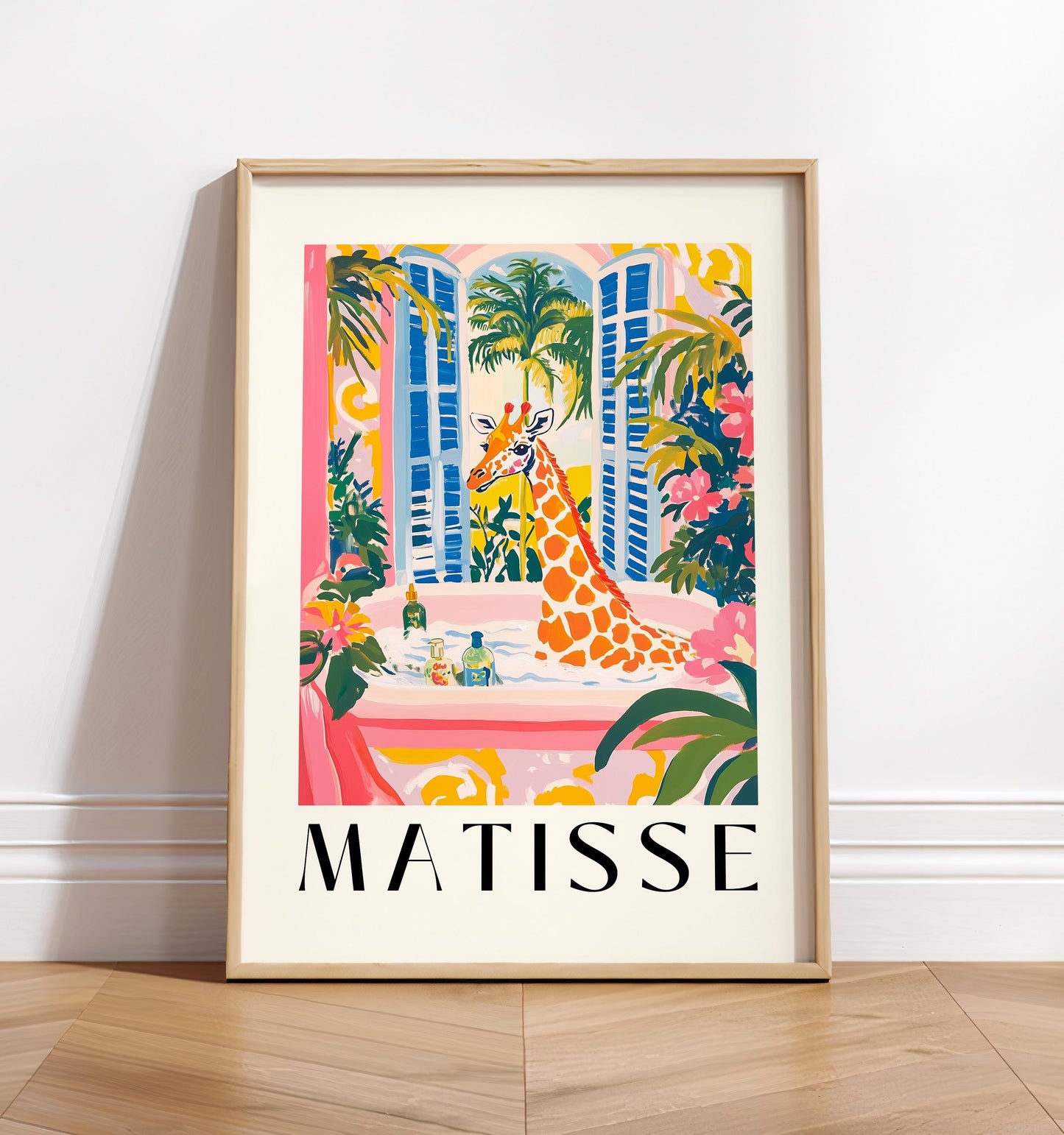 Giraffe in Bathtub Print: Funny Matisse Style Bathroom Art