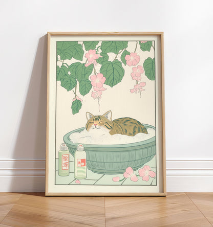 Tabby Cat in Bathtub Art Print: Japanese Bathroom Decor in Ukiyo-e Style
