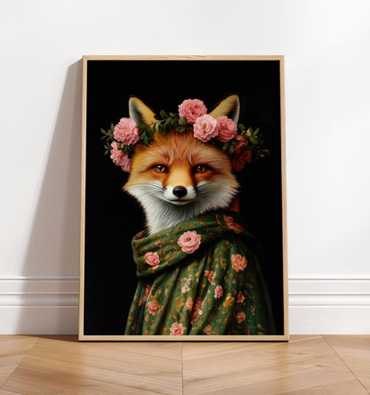 Botanical Fox Portrait Print: Dark Floral Animal Art