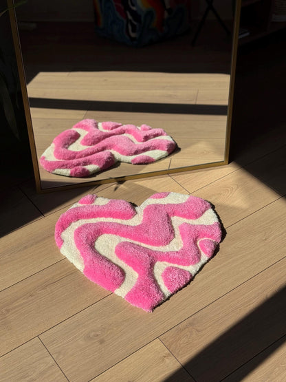 3D Heart Shaped Rug – Pink Tufted Fluffy Carpet – Handmade Valentine Decor – Cute Bedroom Mat – 50x50cm Soft Love Shaped Rug