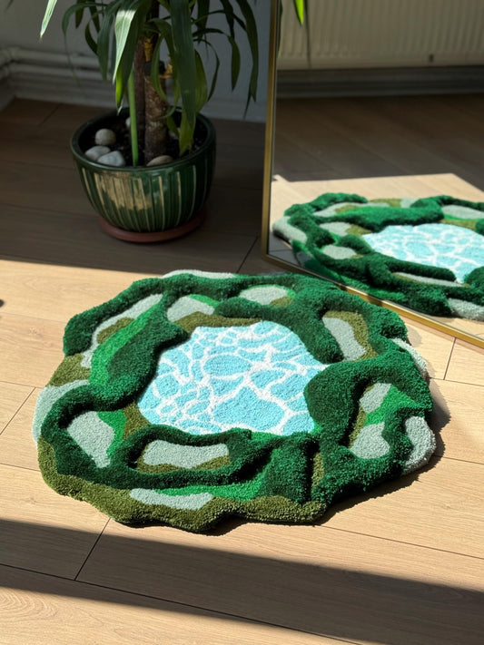 Lake Green Tufted Rug – Nature Inspired 3D Handmade Fluffy Carpet – Organic Shaped Soft Mat – Boho Earthy Decor