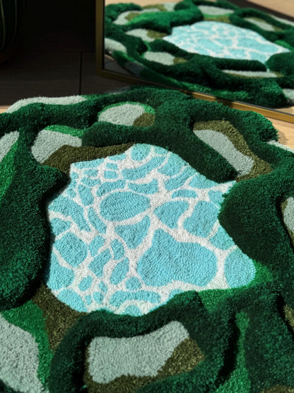 Lake Green Tufted Rug – Nature Inspired 3D Handmade Fluffy Carpet – Organic Shaped Soft Mat – Boho Earthy Decor