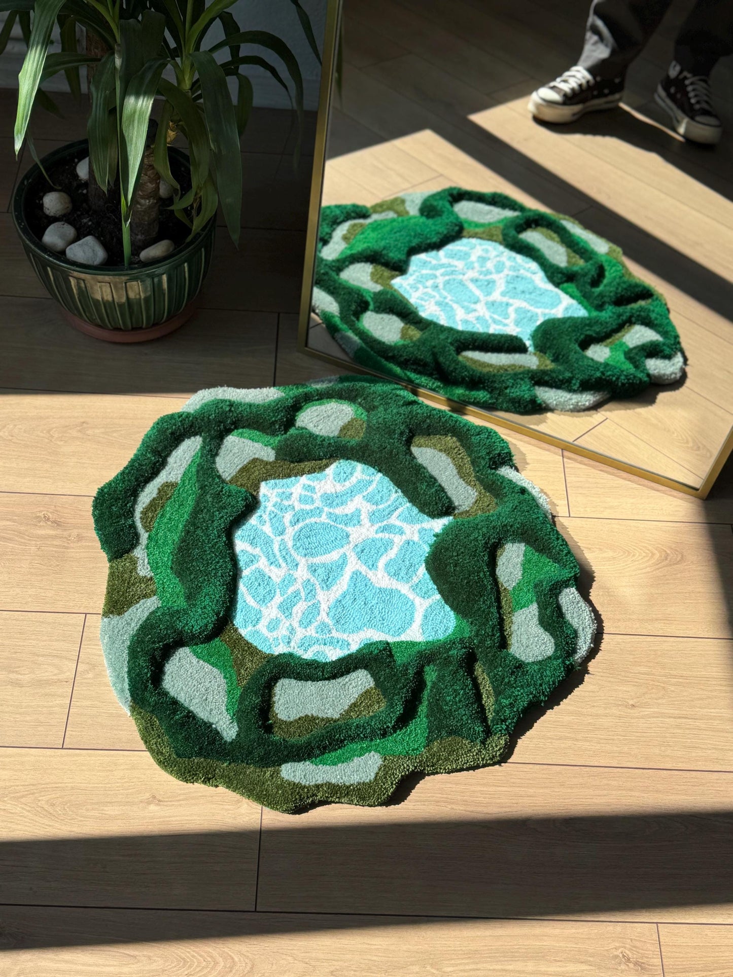 Lake Green Tufted Rug – Nature Inspired 3D Handmade Fluffy Carpet – Organic Shaped Soft Mat – Boho Earthy Decor