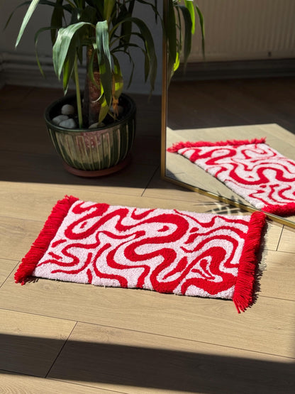 Red and Baby Pink Tufted Rug – Handmade Soft Color Block Carpet – Romantic Aesthetic Mat – Bold Fluffy Decor